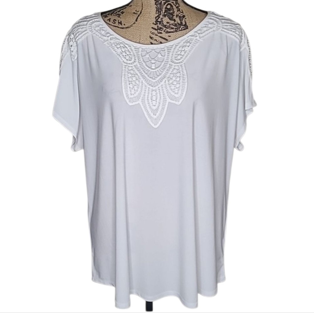 Roz & Ali Embroidered Neckline and Sleeves Blouse Top